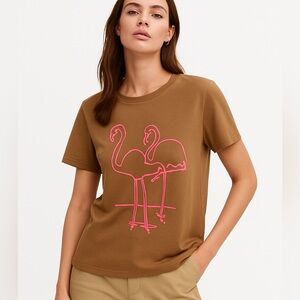 J. CREW Brown T-Shirt with Pink Flamingo Design